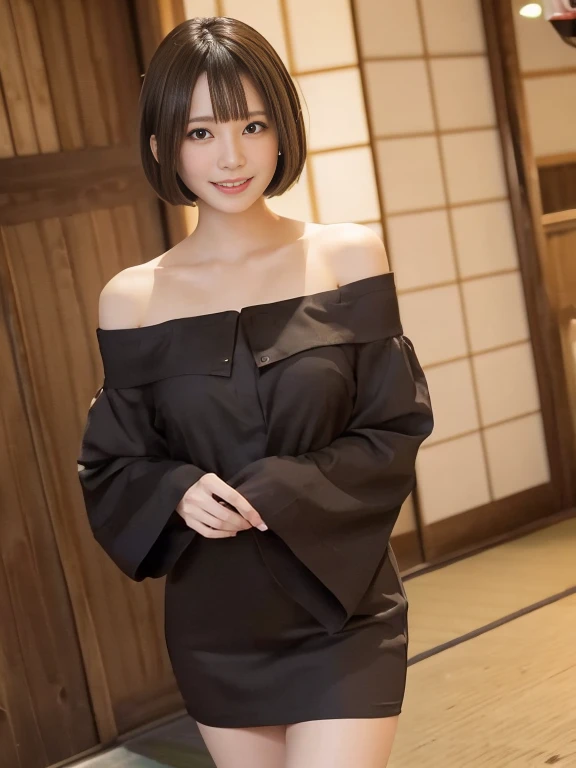 Smiling girl, (1 female), Short Bob Hair, 28 years old, Japanese, Brown eyes, Brown Hair, Slim figure, Flat Chest, (Shocked, surprised, Confused): 1.5,
Off-the-shoulder dress,Izakaya