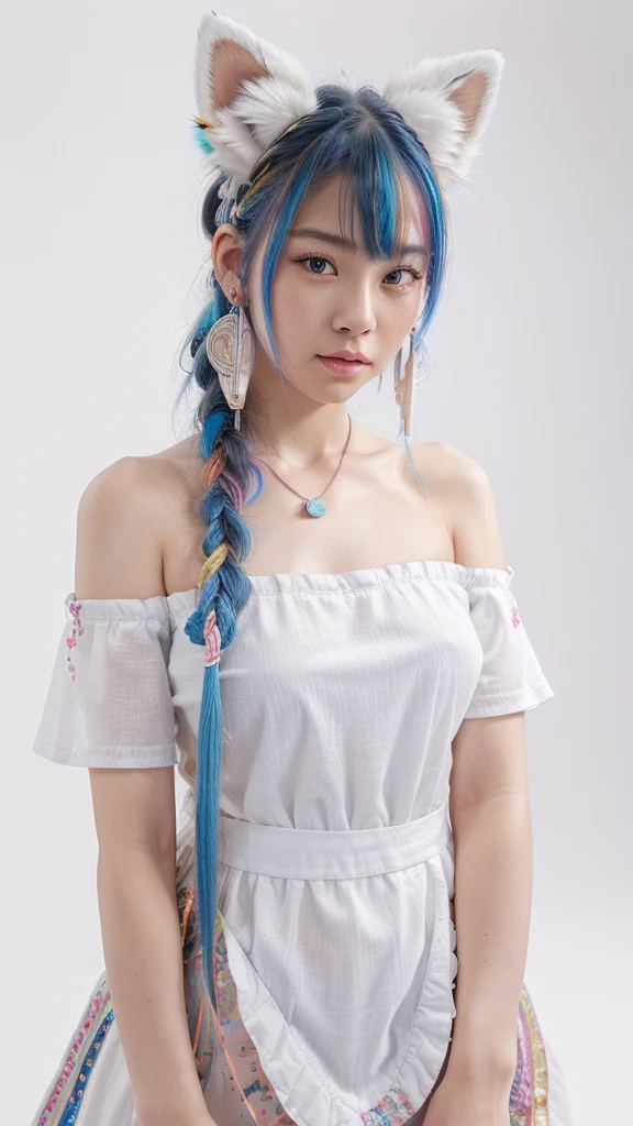 Masterpiece, Best Quality, High Resolution, (White Background: 1.4), [Glitter], [Looking at the Viewer, Portrait, 1 Sweet Chinese Girl], (Long Hair, Blue Hair, Wavy Curls, Multicolored Twisted Big Braid: 1.3, Furry Fox Ears, Air Bangs), White Off-the-Shoulder Short Sleeves, Delicate Facial Features, Pink Lips, Earrings, Necklace