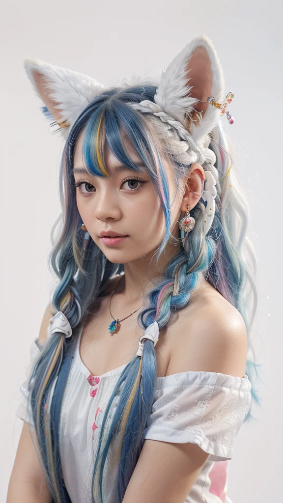 Masterpiece, Best Quality, High Resolution, (White Background: 1.4), [Glitter], [Looking at the Viewer, Portrait, 1 Sweet Chinese Girl], (Long Hair, Blue Hair, Wavy Curls, Multicolored Twisted Big Braid: 1.3, Furry Fox Ears, Air Bangs), White Off-the-Shoulder Short Sleeves, Delicate Facial Features, Pink Lips, Earrings, Necklace