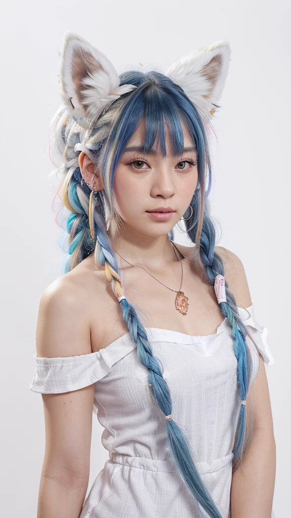 Masterpiece, Best Quality, High Resolution, (White Background: 1.4), [Glitter], [Looking at the Viewer, Portrait, 1 Sweet Chinese Girl], (Long Hair, Blue Hair, Wavy Curls, Multicolored Twisted Big Braid: 1.3, Furry Fox Ears, Air Bangs), White Off-the-Shoulder Short Sleeves, Delicate Facial Features, Pink Lips, Earrings, Necklace