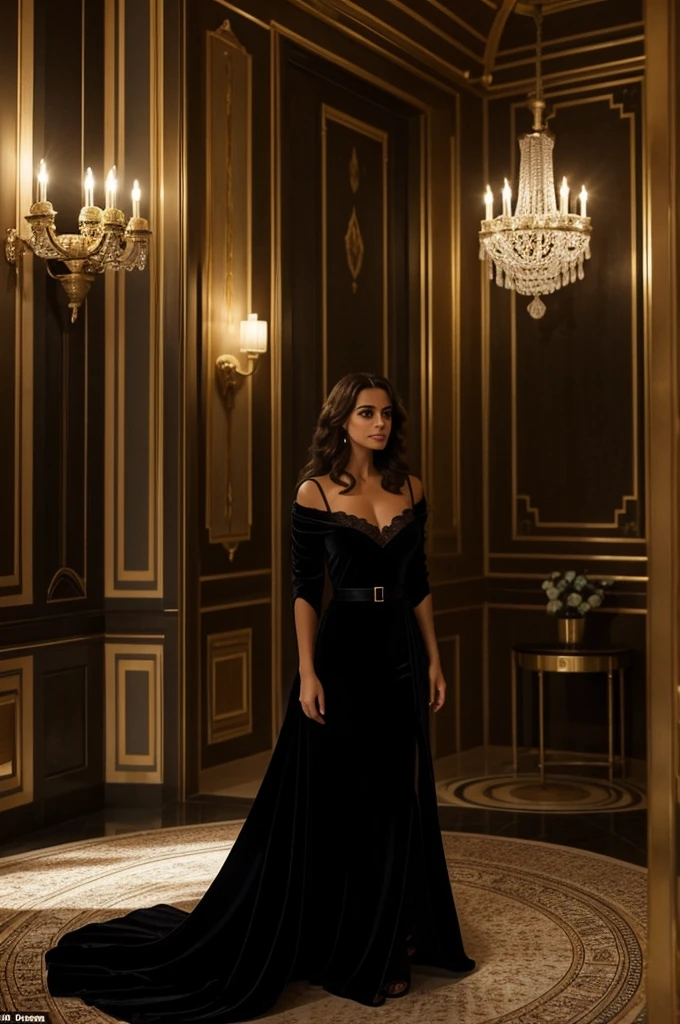 Une femme ressemblant à Léa Salame dans une robe noire dans une ambiance d'hôtel à la lumière tamisée et la mettant en valeur tournée legement sur le côté laissant entrevoir son dos et la fermeture de la robe légèrement ouverte
