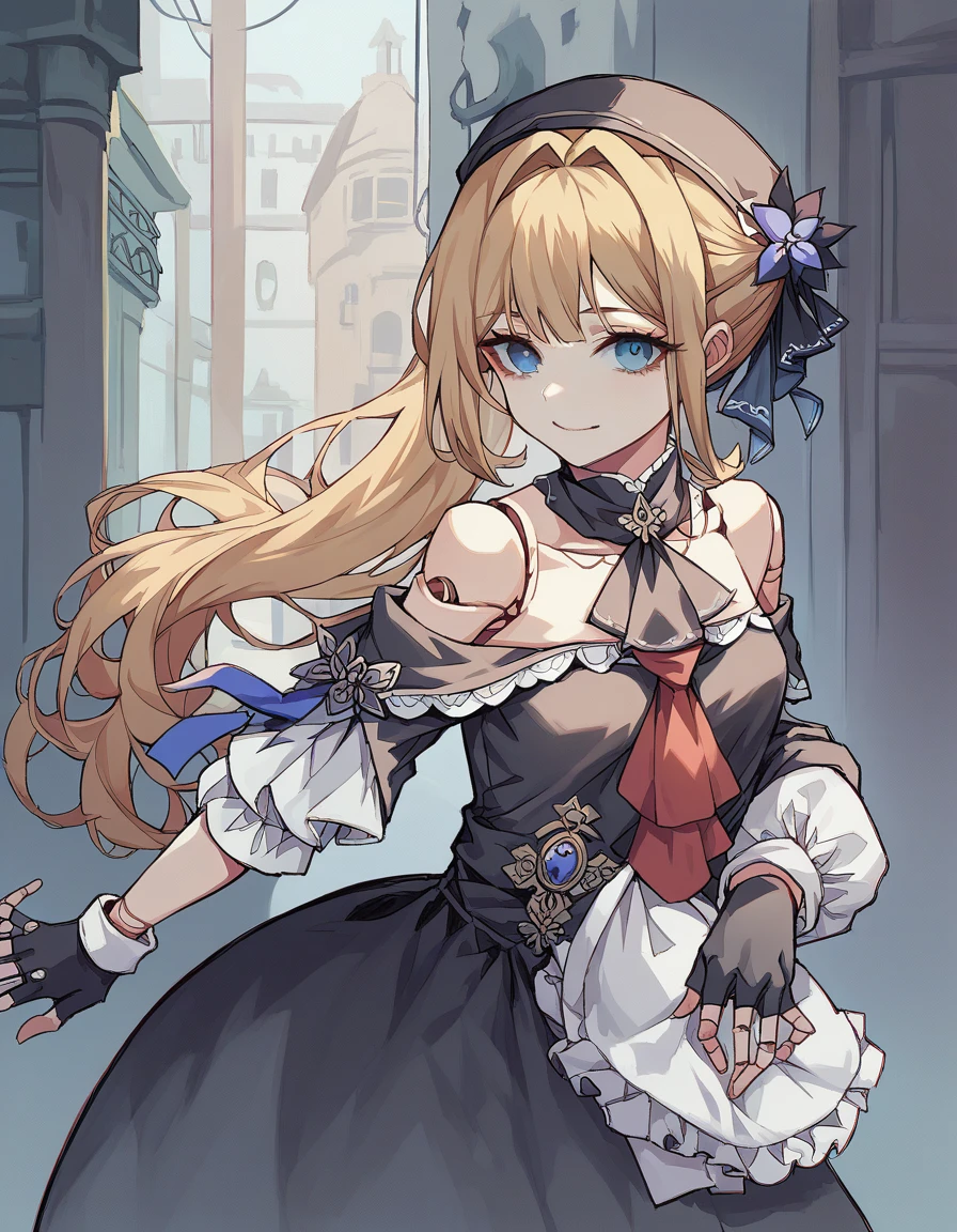 score_9, score_8_up, score_7_up, 1 girl, hsrherta, doll joints, (blonde ponytail hair, blue eyes), skinny, black robe, bare shoulders, capelet, red ascot, fingerless gloves, smiling, posing, looking at viewer, small breasts, victorian alley, mist