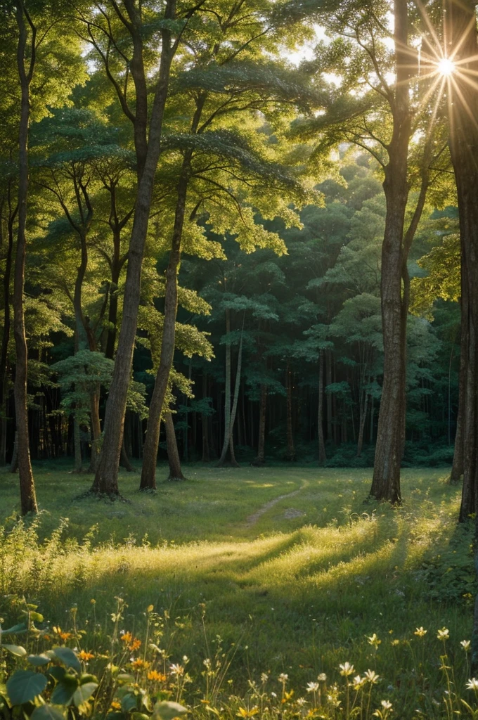 Describe a serene morning in the heart of a forest, where sunlight filters through towering trees, casting intricate patterns on the forest floor, and a gentle breeze carries the sweet scent of wildflowers."