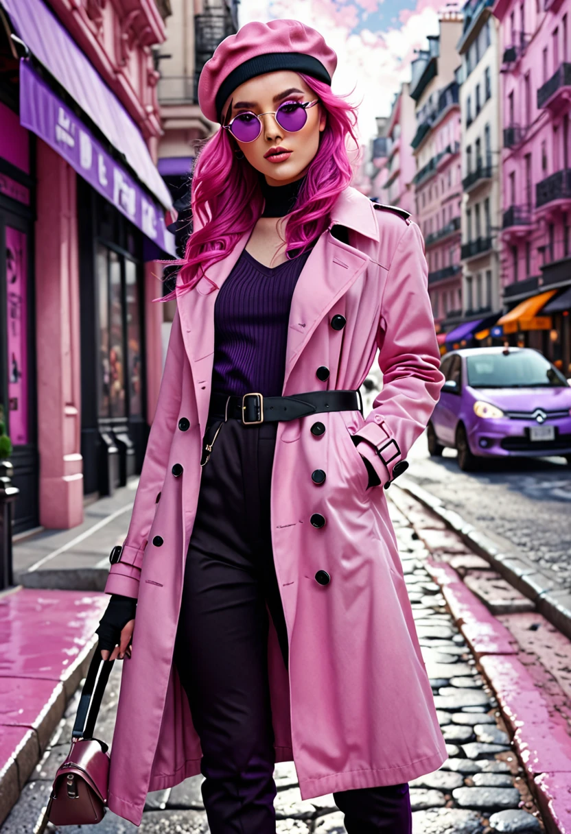 4K, very realistic ultra detailed. A young woman with long wavy, neon purple hair reaching to her chest. Elle a les yeux marrons, elle porte une robe verte pastel et des bottes montantes rose pastel. Elle est dans la rue joyeux. Il y a du monde dans la rue et il fait très beau temps.