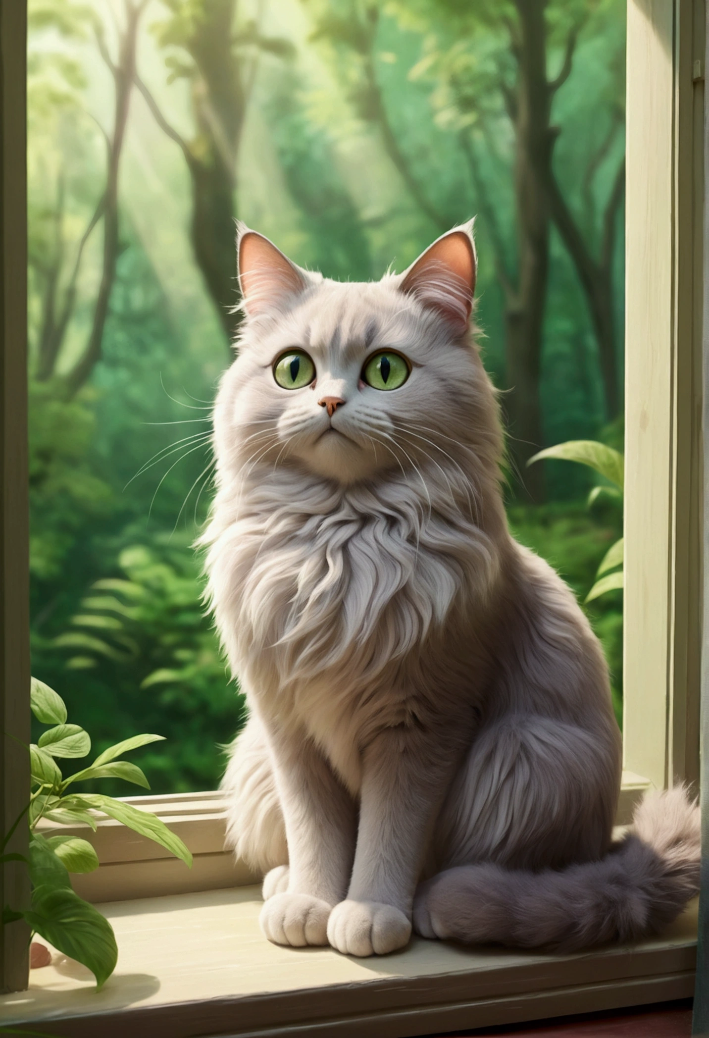 "A Ghibli-style cat, fluffy fur, big expressive eyes, sitting on a windowsill overlooking a lush green forest, soft pastel colors, hand-drawn animation style, whimsical atmosphere, Studio Ghibli inspired"