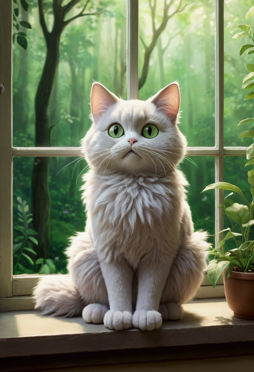 "A Ghibli-style cat, fluffy fur, big expressive eyes, sitting on a windowsill overlooking a lush green forest, soft pastel colors, hand-drawn animation style, whimsical atmosphere, Studio Ghibli inspired"