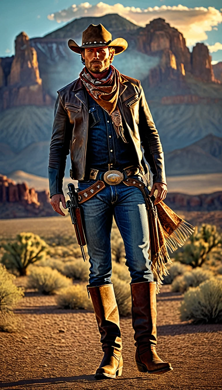 a cowboy in the wild west, cowboy hat, cowboy boots, rugged leather jacket, jeans, bandana, revolver holster, riding a horse, desert landscape, mountain range, cloudy sky, golden hour lighting, cinematic composition, highly detailed, photorealistic, 8k, hyper detailed, masterpiece, realistic, dramatic lighting, dusty texture, dynamic pose