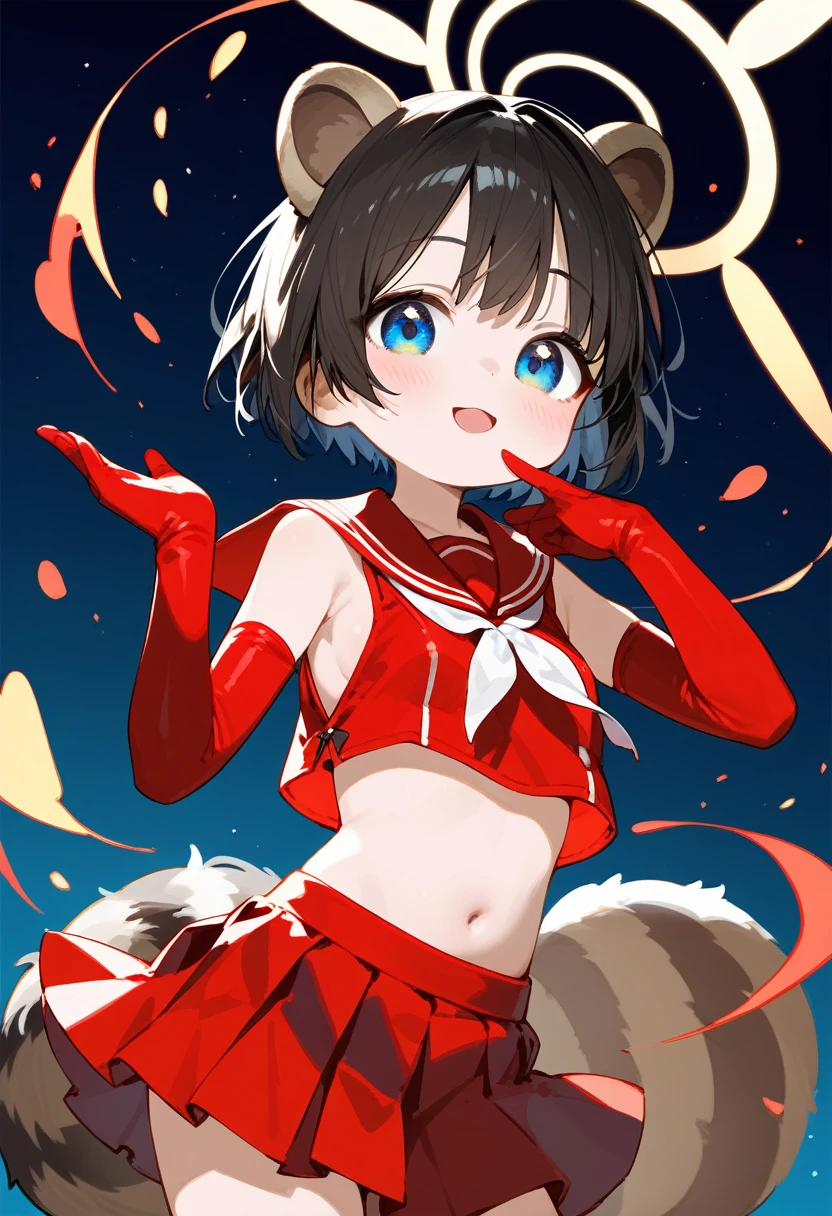 little_girl,little_body,_tsubaki, blue eyes, black hair, short hair, raccoon ears, halo, red serafuku, crop top, sleeveless, sideboob, midriff, red skirt, pleated skirt, geta boots, red gloves, elbow gloves, cute