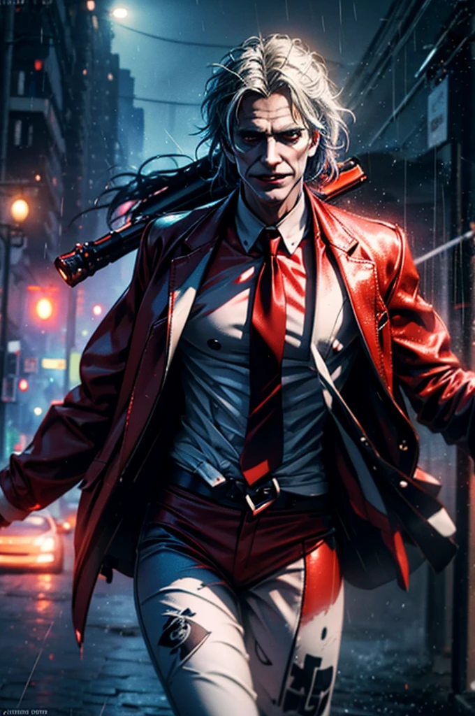 joker in the rain with a red and white outfit UHD FOCUS, 64k concept art and hyper realism, Holding a shotgun, 8k render”, cg society UHD 64k highly detailed, 3d render trending on art station, photorealistic dark concept art, trending on art station 64k, horror cgi 4 k, 3 d render character art 8 k, hyperrealistic concept art--Shot with Canon EOS Rebel T7, Manual mode (M), shutter speed of 8-15 seconds, aperture f/2.8, ISO 200. Shot with Canon EOS Rebel T7, Manual mode (M).