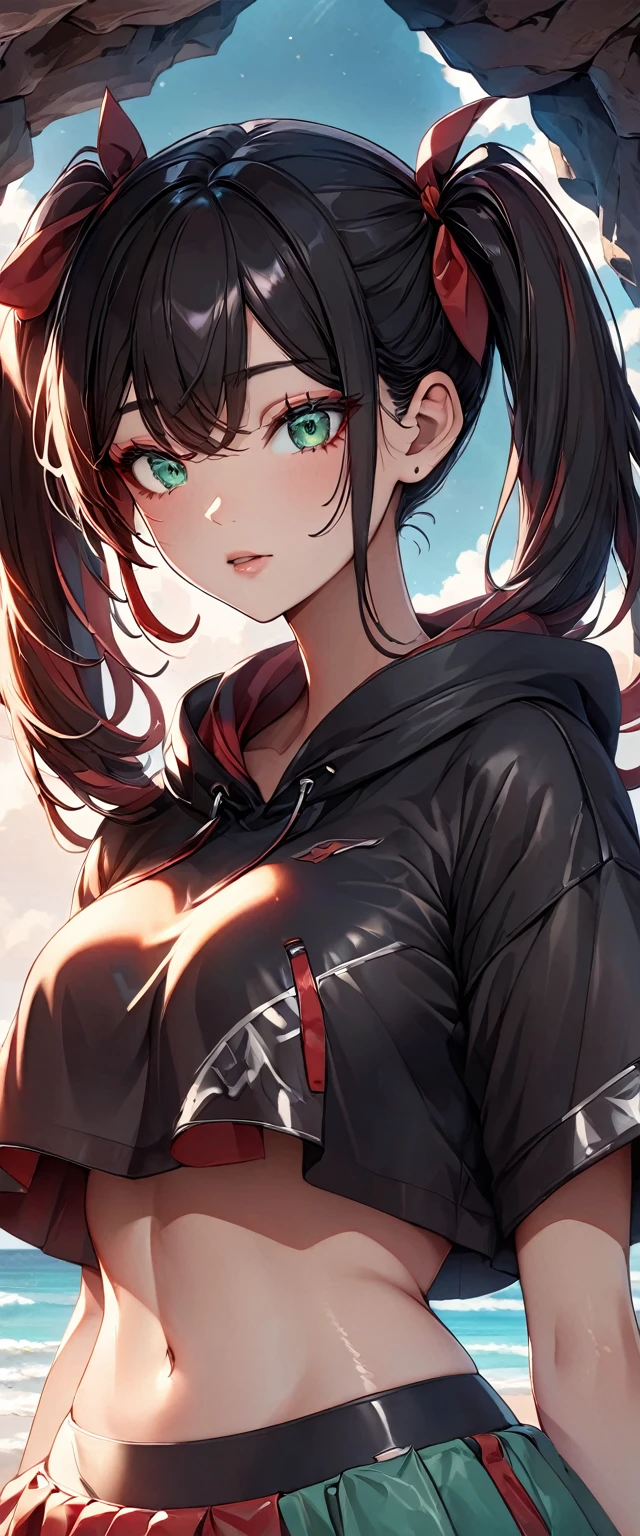 Photo of a woman with natural skin, ((Baby Face)), Small face, A woman wearing mainly black and red, Upper Body, Seaside cave, The light is shining in, High Twintails, Black hair with red mesh, Sharp eyes with red eyeshadow, Blue-green eyes, Shining eyes, A thin, upturned nose, Well-shaped lips, ((crop top overhang, Thighs, Glamour body)), Makeup, Exquisitely crafted with the utmost attention to detail, Vibrant, amazing, Smooth, Cinematic, 4K, Backlight, (()), Shallow depth of field, ((Detailed eyes:1.3, Detailed lips:1.3, high quality, )), masterpiece, Super detailed images, High quality