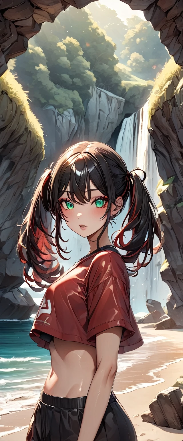 Photo of a woman with natural skin, ((Baby Face)), Small face, A woman wearing mainly black and red, Upper Body, Seaside cave, The light is shining in, High Twintails, Black hair with red mesh, Sharp eyes with red eyeshadow, Blue-green eyes, Shining eyes, A thin, upturned nose, Well-shaped lips, ((crop top overhang, Thighs, Glamour body)), Makeup, Exquisitely crafted with the utmost attention to detail, Vibrant, amazing, Smooth, Cinematic, 4K, Backlight, (()), Shallow depth of field, ((Detailed eyes:1.3, Detailed lips:1.3, high quality, )), masterpiece, Super detailed images, High quality