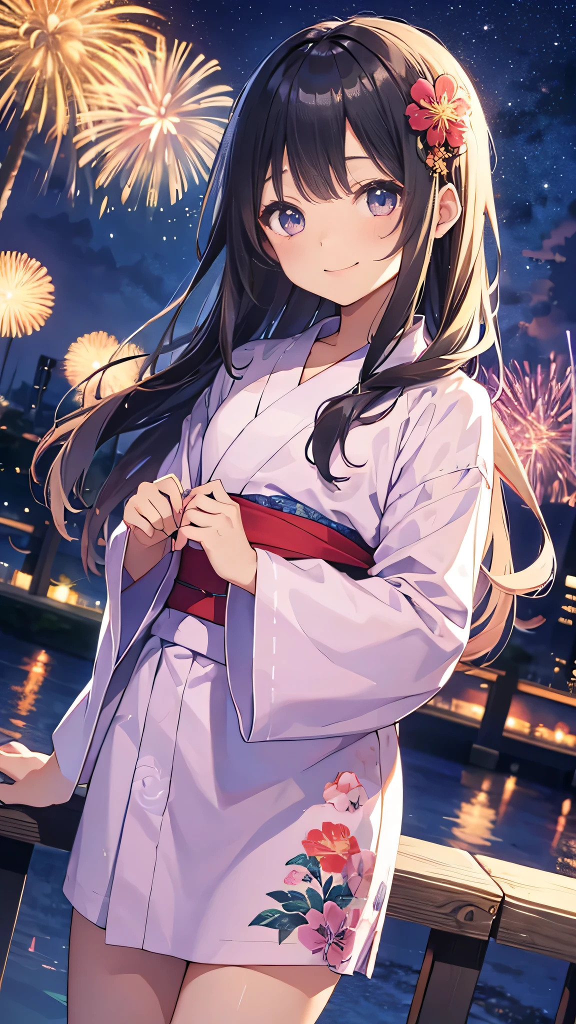 very cute、、girl、Long Straight Hair、Beautiful yukata、Night Sky、Countless fireworks、smile、