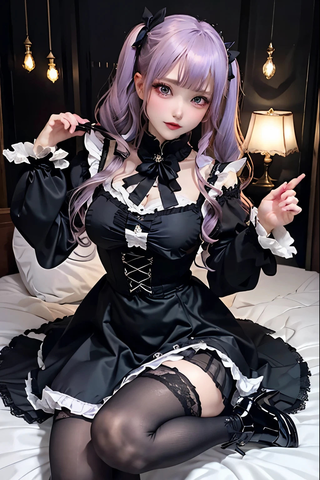 ハードなDark Gothicメイク、Black dark eyeshadow、sad、Good skin radiance、Dark Gothicメイク、Dark smile、palace、The beauty of fragrance、24-years-old、Expressions of intense sexual pleasure、Embarrassed look、Dark Gothic、Highest quality、Expression of sexual pleasure without pain、Drunk face、Purple maid outfit、mysterious、noble、sexy、Loving smile、Twin tail hair、Right eye is blue、Left eye is red、Super tempting pose、Platform heel shoes、Heavy makeup、Gothic Lolita Clothing、Silver Hair、Long Hair Straight Hair、Cute Gothic Lolita Dress、Beautiful Face、Elegant face、Attractive face、Stained glassの背景、Chest glistening with sweat、The room is dark、goth long dress、Bell Sleeves、Wizard Sleeve、Decadent look、Sexually excited expression、Wet shiny thigh water、Thighs that are wet and shiny with oil、Background of a room full of roses、Sad look、Rose Maiden、The embroidery is pink、The dress has pink embroidery.。、Thigh-high socks、Knee-high socks、Gentle expression、Dark black eyeshadow、Stained glassとバラの背景、Thighs are a little thin、Female Duo、Female couple、dark church background、Stained glass、Black metal world、Dark Castle、Dark Room、Slender body、gothic long dress、Victorian dress、Small breasts、With a glass of wine in your right hand、With a lantern in his left hand、pantyhose、The bed is covered with roses、Her thighs are shining with sweat、My body is wet and shiny、There is a lot of glitter on the thighs、I am sweating、My thighs are sticky with sweat.、My thighs are glistening with sweat、My whole body is sweaty and shiny、I sweated a lot.。、My thighs are sweaty、My wet thighs are glistening with sweat.、There is a lot of sweat shining all over my body、Slender body、I rest my head on the pillow、Sleeping in bed、Beautiful legs、Outstretched legs、Lying in bed、Lying on your back in bed、