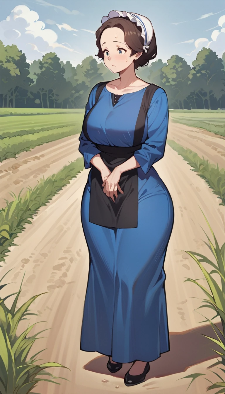 1woman, adult amish woman, 40 years old, pale skin, long sleeved blue dress with exposed collarbone, she wears small black apron over her blue dress, full body shown, very short brown hair, forehead exposed, big forehead, white bonnet kapp that covers a majority of her hair, wide hips, thick thighs, wearing simple black flats, thick legs, slightly below the knee dress, slight face wrinkles, tight sleeves, standing upright in a farm field, no makeup, hands on lap, side view, aged face, busty, rosy cheeks, small sweat head on face