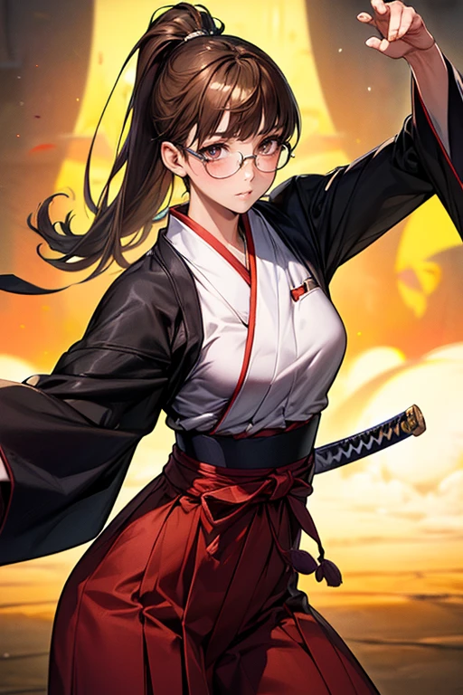 ((Ideal Anatomy:1.2,realistic:1.4,raw photo:1.4,masterpiece、top quality、Ultra - a high resolution、a high resolution、highly detailed computer graphics、8 K))),cowboy shot,1 woman,One、18-year-old beauty,Japanese,((Beautiful detailed face and eyes:1.3,gorgeous eyes:1.3,Brown eyes, Glasses)),Brown hair,long hair,straight hair,hair in ponytail,blunt bangs,blush,(medium breast,slender body,small head:1.2,skinny),(Shiny skin:1.4,oily skin:1.5,Shiny skin)、((holding a Japanese sword in one hand、A detailed depiction of a Japanese sword)),(Cutting fighting pose:1.5)、Kendo uniform、kimono、black hakama、shrine、domesticated、Open、