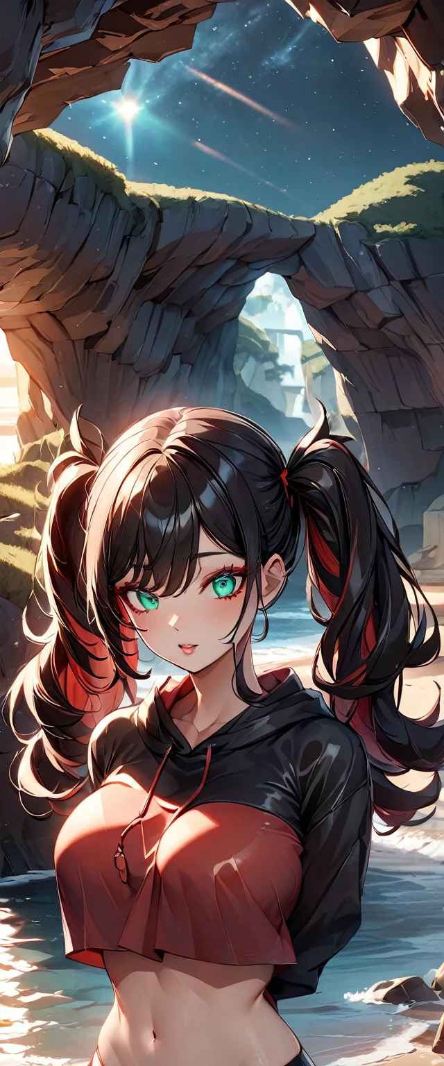 Photo of a woman with natural skin, ((Baby Face)), ((Small face)), A woman wearing mainly black and red, Upper Body, Seaside cave, The light is shining in, High Twintails, Black hair with red mesh, Sharp eyes with red eyeshadow, Big eyes, Blue-green eyes, Shining eyes, A thin, upturned nose, Well-shaped lips, Big Breasts, ((crop top overhang, Thighs, Glamour body)), Makeup, Exquisitely crafted with the utmost attention to detail, Vibrant, amazing, Smooth, Cinematic, 4K, Backlight, (()), Shallow depth of field, ((Detailed eyes:1.3, Detailed lips:1.3, high quality, )), masterpiece, Super detailed images, High quality