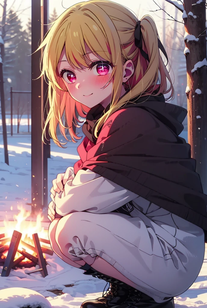 rubyhoshino, Hoshino Ruby, Long Hair, bangs, blonde, (Pink Eyes:1.3), Side Lock, (Symbol-shaped pupil:1.5), Multicolored Hair, Two-tone hair, smile,,smile,blush,white breath,
Open your mouth,snow,Ground bonfire, Outdoor, boots, snowing, From the side, wood, suitcase, Cape, Blurred, , forest, White handbag, nature, Squat, Mouth closed, Cape, winter, Written boundary depth, Black shoes, red Cape break looking at viewer, Upper Body, whole body, break Outdoor, forest, nature, break (masterpiece:1.2), Highest quality, High resolution, unity 8k wallpaper, (shape:0.8), (Beautiful and beautiful eyes:1.6), Highly detailed face, Perfect lighting, Highly detailed CG, (Perfect hands, Perfect Anatomy),