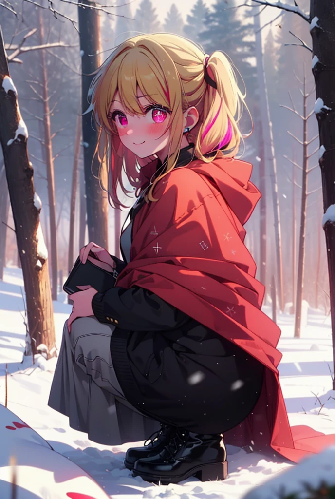 rubyhoshino, Hoshino Ruby, Long Hair, bangs, blonde, (Pink Eyes:1.3), Side Lock, (Symbol-shaped pupil:1.5), Multicolored Hair, Two-tone hair, smile,,smile,blush,white breath,
Open your mouth,snow,Ground bonfire, Outdoor, boots, snowing, From the side, wood, suitcase, Cape, Blurred, , forest, White handbag, nature, Squat, Mouth closed, Cape, winter, Written boundary depth, Black shoes, red Cape break looking at viewer, Upper Body, whole body, break Outdoor, forest, nature, break (masterpiece:1.2), Highest quality, High resolution, unity 8k wallpaper, (shape:0.8), (Beautiful and beautiful eyes:1.6), Highly detailed face, Perfect lighting, Highly detailed CG, (Perfect hands, Perfect Anatomy),