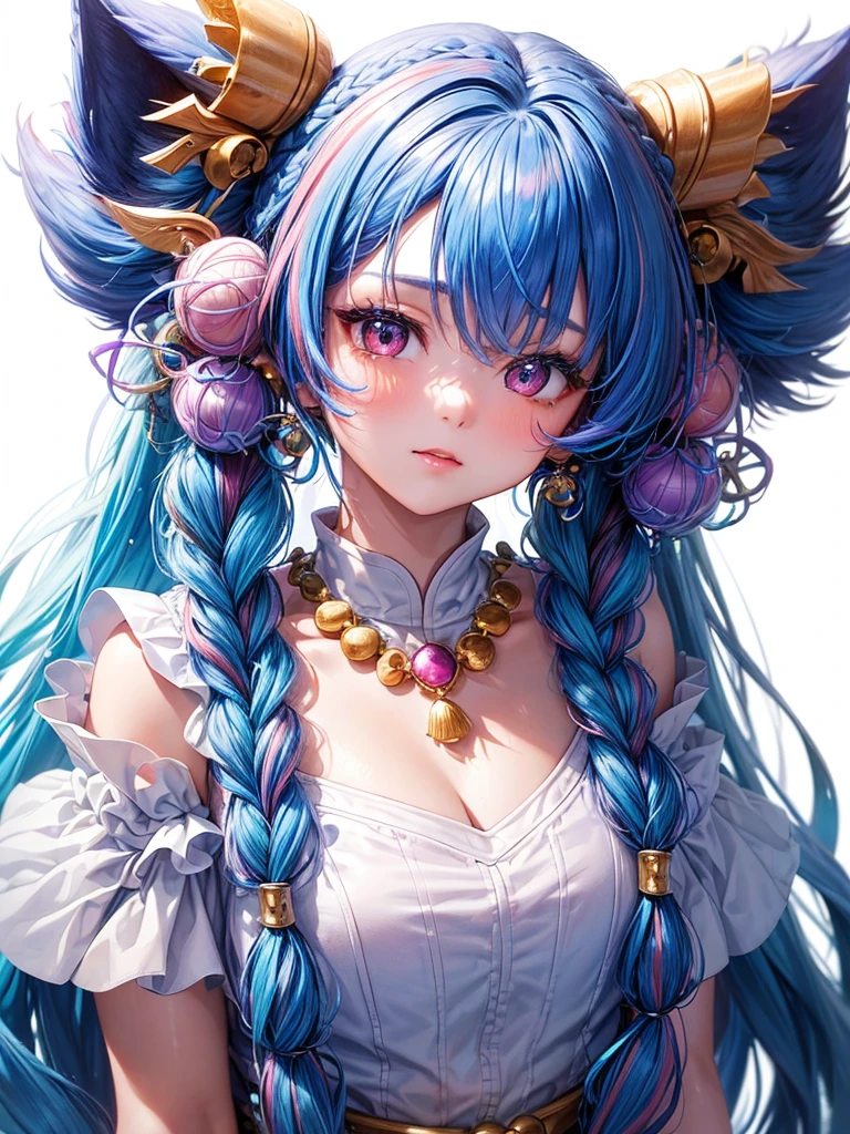 Masterpiece, Best Quality, High Resolution, (White Background: 1.4), [Glitter], [Looking at the Viewer, Portrait, 1 Sweet Chinese Girl], (Long Hair, Blue Hair, Wavy Curls, Multicolored Twisted Big Braid: 1.3, Furry Fox Ears, Air Bangs), White Off-the-Shoulder Short Sleeves, Delicate Facial Features, Pink Lips, Earrings, Necklace