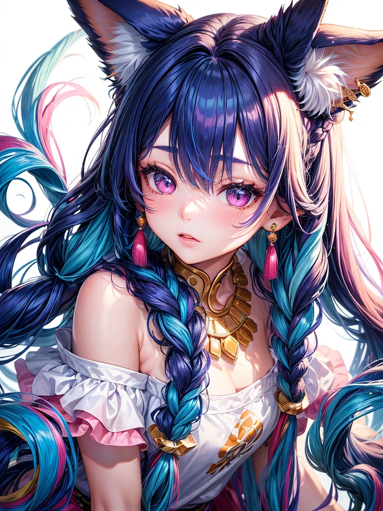 Masterpiece, Best Quality, High Resolution, (White Background: 1.4), [Glitter], [Looking at the Viewer, Portrait, 1 Sweet Chinese Girl], (Long Hair, Blue Hair, Wavy Curls, Multicolored Twisted Big Braid: 1.3, Furry Fox Ears, Air Bangs), White Off-the-Shoulder Short Sleeves, Delicate Facial Features, Pink Lips, Earrings, Necklace