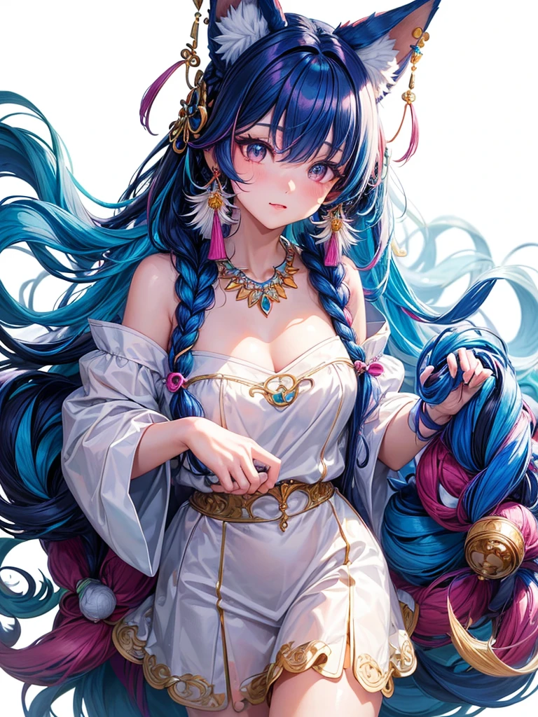 Masterpiece, Best Quality, High Resolution, (White Background: 1.4), [Glitter], [Looking at the Viewer, Portrait, 1 Sweet Chinese Girl], (Long Hair, Blue Hair, Wavy Curls, Multicolored Twisted Big Braid: 1.3, Furry Fox Ears, Air Bangs), White Off-the-Shoulder Short Sleeves, Delicate Facial Features, Pink Lips, Earrings, Necklace
