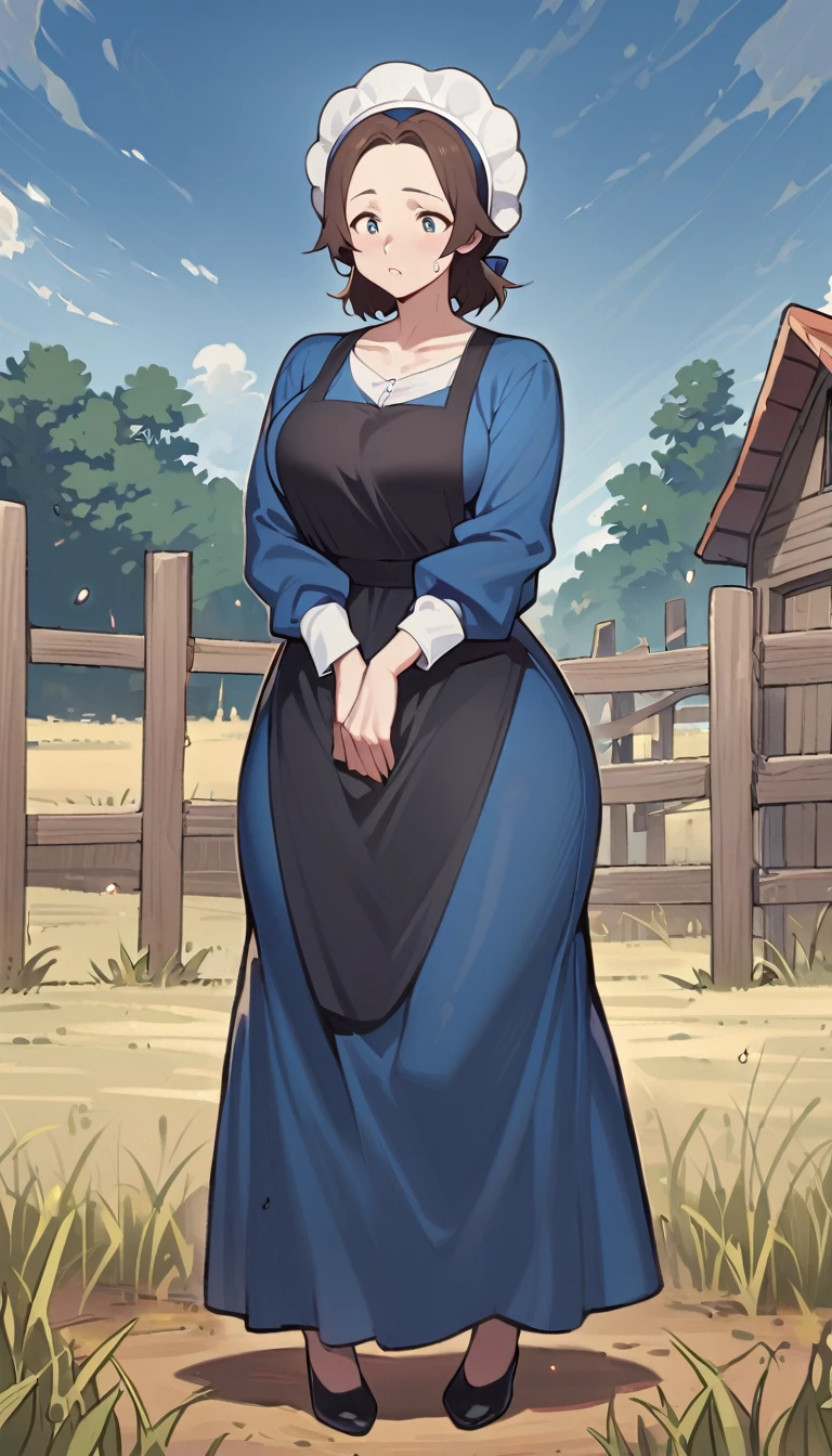 1woman, adult amish woman, 40 years old, pale skin, long sleeved blue dress with exposed collarbone, she wears small black apron over her blue dress, full body shown, very short brown hair, forehead exposed, big forehead, white bonnet kapp that covers a majority of her hair, wide hips, thick thighs, wearing simple black flats, thick legs, slightly below the knee dress, slight face wrinkles, tight sleeves, standing upright in a farm field, no makeup, hands on lap, side view, aged face, busty, rosy cheeks, small sweat head on face