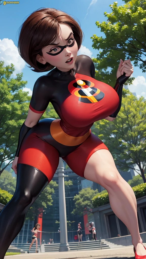 Helen Parr with huge breasts wearing a micro bra and an Incredibles outfit with huge cleavage in a park in New York 