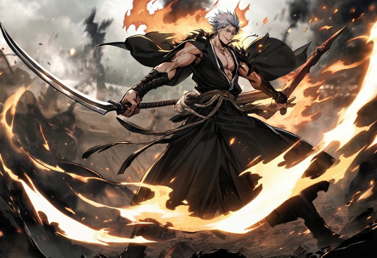 1 boy, male focus, Intricate details, 1 man, handsome, white hair, vibrant green eyes, slim muscles, アニメ, 19 years old, 19 years old, a small goatee, Shinigami kimono, Shinigami, bleach style, bleach, Tank top, kimono , bleach, bleach style (black kimono), (the character would be releasing all his power on the battlefield, using your scythe launching negative flames at your opponents, leaving the entire battlefield in black flames)