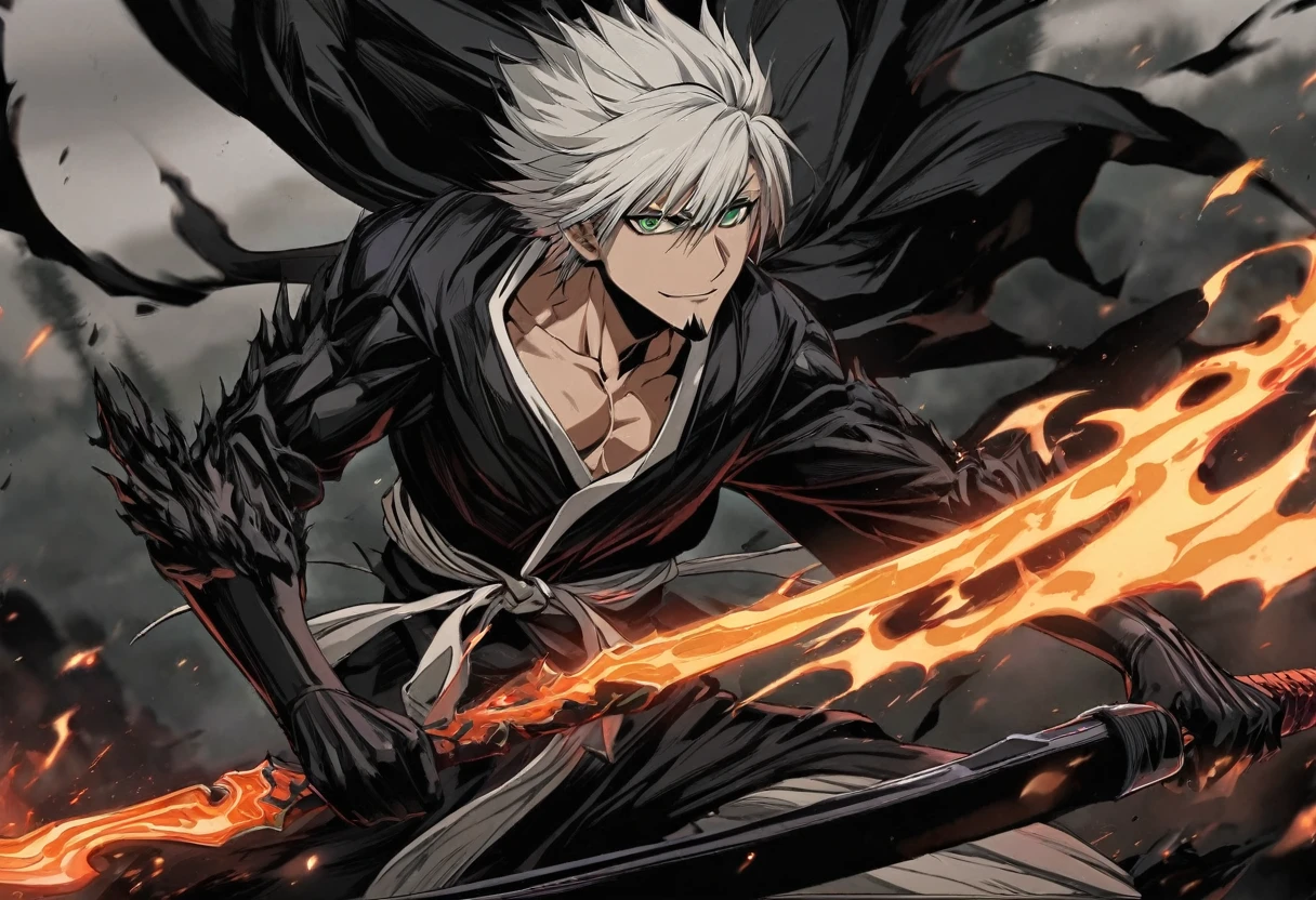 1 boy, male focus, Intricate details, 1 man, handsome, white hair, vibrant green eyes, slim muscles, アニメ, 19 years old, 19 years old, a small goatee, Shinigami kimono, Shinigami, bleach style, bleach, Tank top, kimono , bleach, bleach style (black kimono), (the character would be releasing all his power on the battlefield, using your scythe launching negative flames at your opponents, leaving the entire battlefield in black flames)