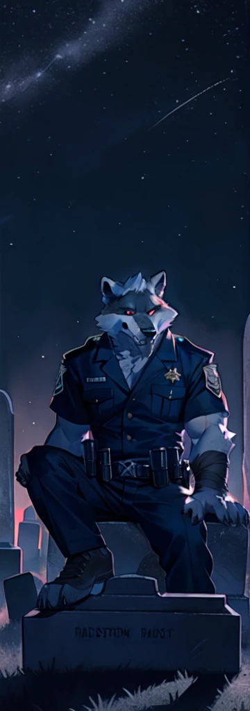 (by null-ghost,by raccoon21,masterpiece,high quality),at night,officer,The cemetery,landslayer,
AND red officer,star,ghost,
AND solo,(male gray wolf),the second,Red eyes,looking at the viewer,Whole body,lobo of la muerte,(sitting on a tombstone:1.4),layer,grave,red officer,of_below,
and fireflies,human skeleton,tombstone,bone,bone pile,