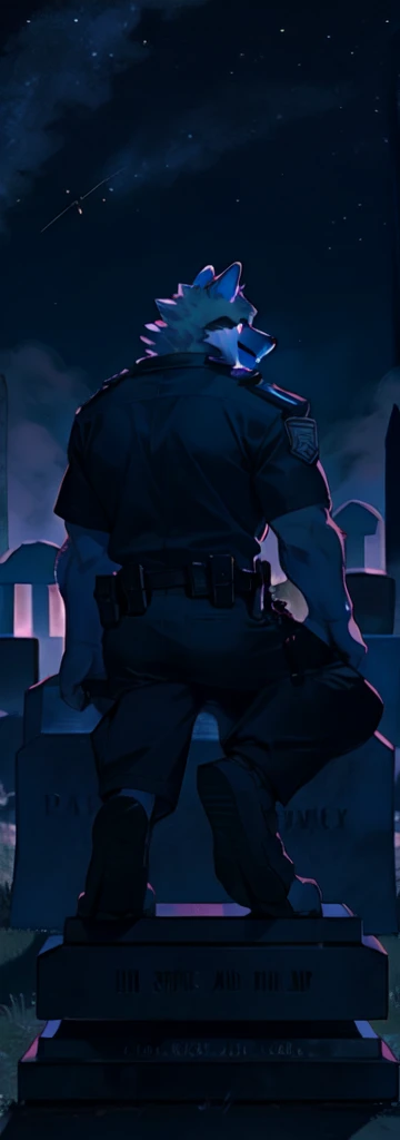 (by null-ghost,by raccoon21,masterpiece,high quality),at night,officer,The cemetery,landslayer,
AND red officer,star,ghost,
AND solo,(male gray wolf),the second,Red eyes,looking at the viewer,Whole body,lobo of la muerte,(sitting on a tombstone:1.4),layer,grave,red officer,of_below,
and fireflies,human skeleton,tombstone,bone,bone pile,