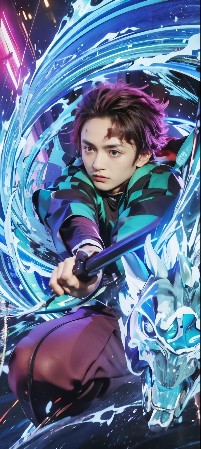 Kamando tanjoro, demon slayer, angry mode, black hair, purple eyes lit up, black green clothes, asian face, whtie face, scar on the forehead, swing a sworld, wather effect:1.4, light effect:1.2, detailed face, detailed hand. ultra-realistic, ultra-detailed:1.2, high resulution, best quality, masterpiece