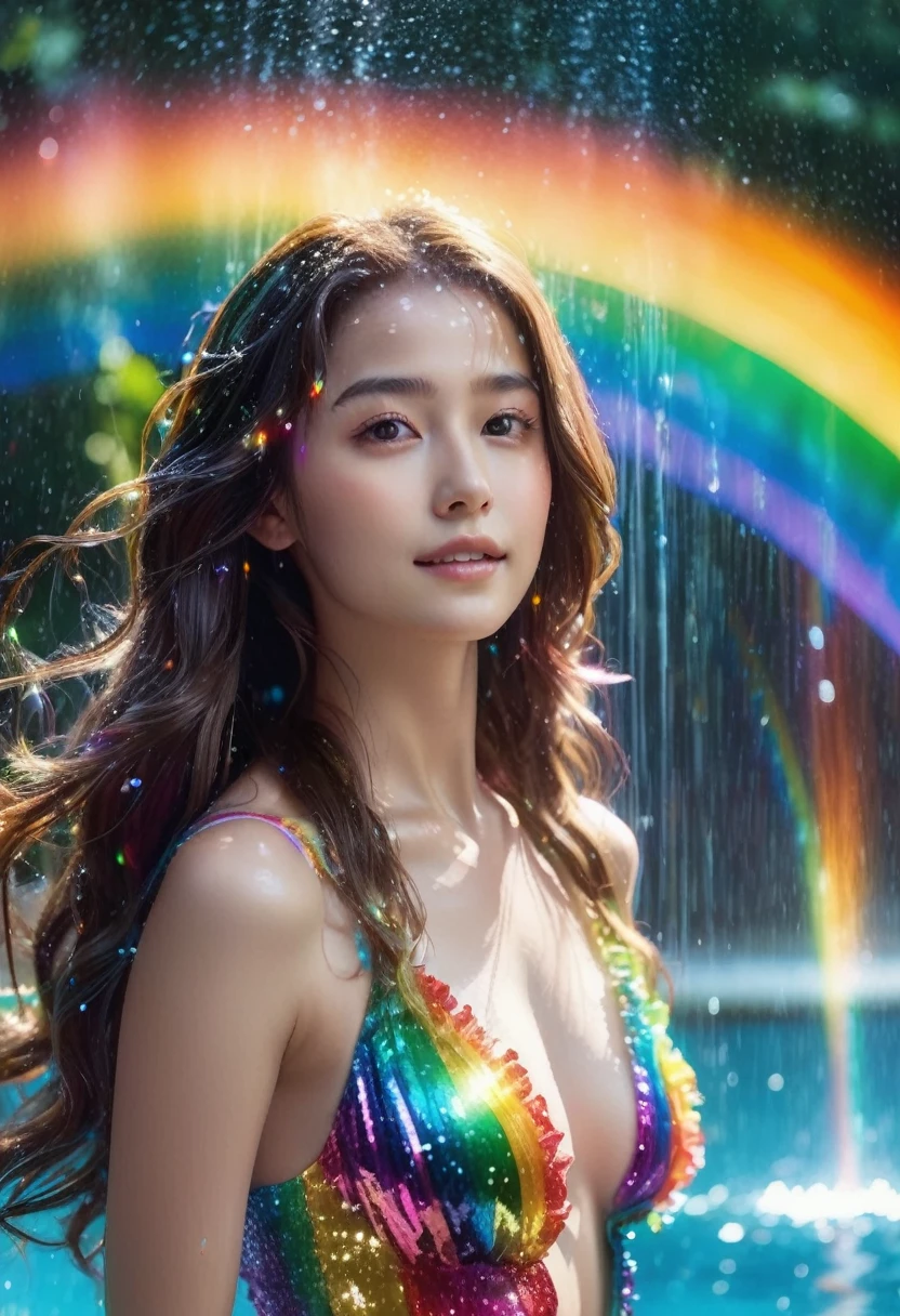 Dancing water columns of a fountain、A rainbow of sparkling light shines from the bottom of the water.,Beautiful rainbow-colored lights and various combinations of water columns,Water droplets are rainbow,Colorful spotlight effects,Create unique patterns，A cute, beautiful girl with long hair is looking back at the foreground:1.5,Sheer one-piece frilled swimsuit,Her long hair sparkles and sways in the light.,Create a colorful scene，Detailed fantasy digital art，Highly detailed digital art in 4K，fantasy art action、High-quality images、Great shots:1.5,