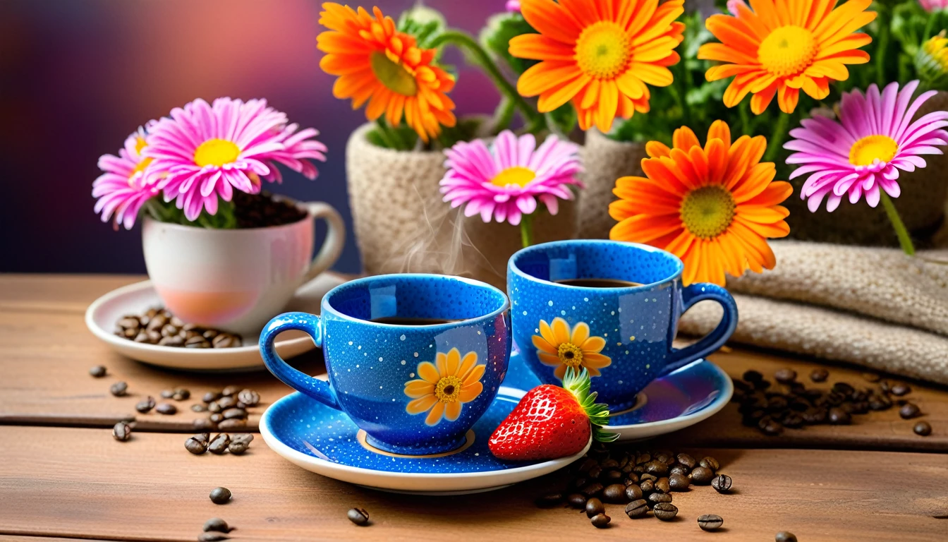 Create an image featuring two blue ceramic cups with a speckled design, one placed on a saucer. The cups are set on a wooden surface surrounded by vibrant orange and pink daisy-like flowers, some in full bloom while others are buds. Scattered around the cups are fresh strawberries and coffee beans, adding to the rustic and cozy atmosphere. In the background, there's a blurred effect that suggests more of these colorful flowers and wooden blue background, all bathed in warm lighting that gives the scene an inviting glow.