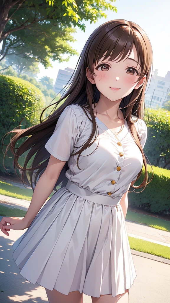 Highest quality、high resolution、High definition、HD、sports gym、(Nitta Minami、Long Hair、Medium chest、Brown Hair、Brown eyes、Glossy lips、Glowing Skin、Realistic skin texture、White blouse、White pleated skirt、A walk in the park、Date)、Love me、blush、Open your mouth、smile)、(Top view)