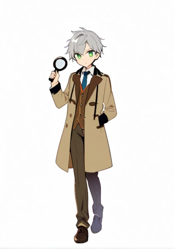 boy,17 years old,detective,gray hair,green eyes,detective服裝,hand holding magnifying glass,british night,The movements are energetic