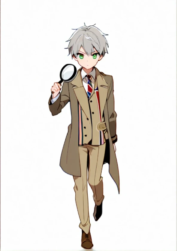 boy,17 years old,detective,gray hair,green eyes,detective服裝,hand holding magnifying glass,british night,The movements are energetic