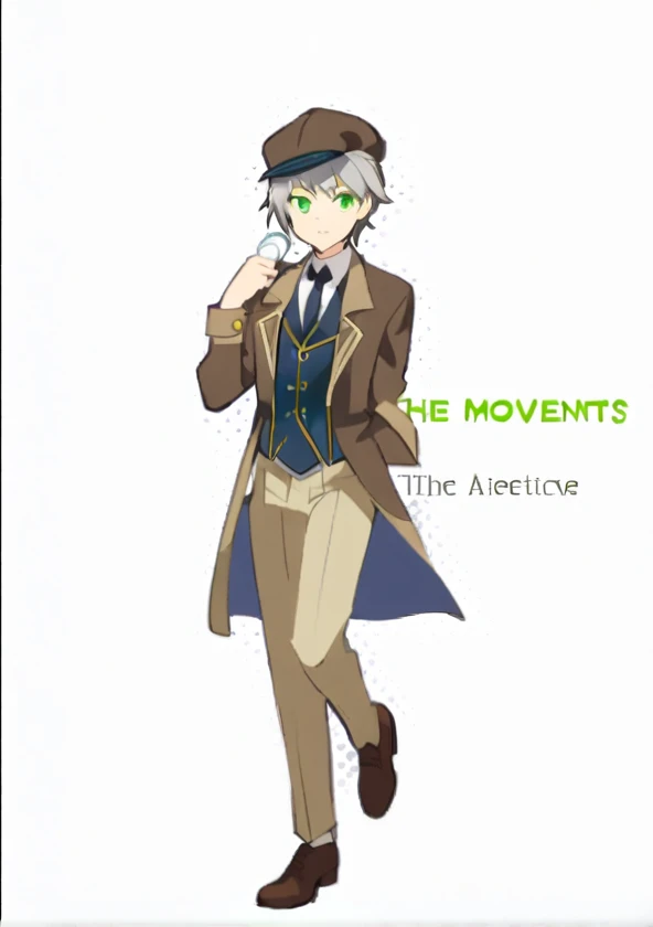 boy，17 years old，detective，gray hair，green eyes，detective服裝，hand holding magnifying glass，british night，The movements are energetic
