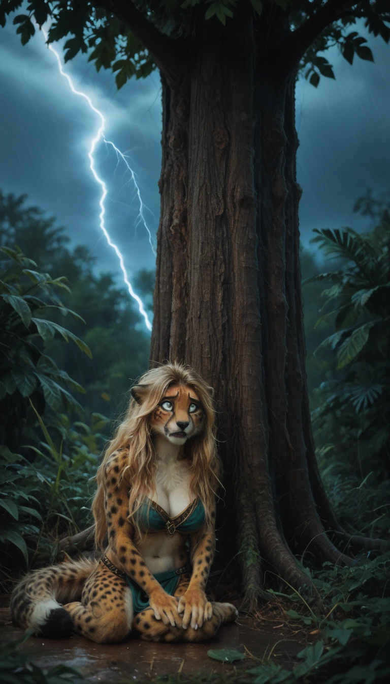 (zPDXL2), score_9, score_8_up, score_7_up, detaillora, source_anime, 2d, FURRY, anthro, 
female, anthro, [black panther:cheetah:0.3], (black fur), (hiding, seat under tree, scared face expression, Scared pose:1.5), (long hair, wheat blonde hair, fluffy tail, wet hair, wet, wet skin, wet fur, wet tail:1.5), cheetah ears, big breasts, attractive, (prehistoric cloth, topcloth, loincloth, wet cloth), ((athletic body, Curvy body)), thick hips, freckles, freckles on face, emerald green eyes, ((thunder, storm, lightning, tropical thunder, windstorm, wind, lightning, rainstorm, rain, night background:1.7)), 
AissistXLv2, unaestheticXL_bp5, SimplePositiveXLv2, zPDXL2 PonyXLV6_Scores