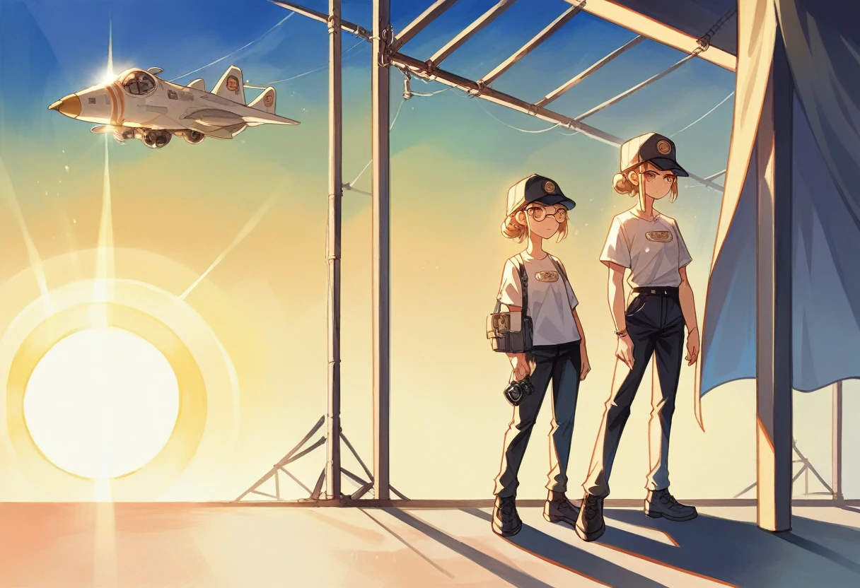 A captivating watercolor painting of a young pretty lady wearing Ray-Ban glasses, a pilot cap, body-fitting white pilot shirt, black pants, and leather shoes. She stands beneath a glass canopy if airport 
hall during a mesmerizing late sunset, with the sun's rays filtering through, casting a warm, golden light that accentuates her body figure and the intricate details of her attire. The artwork beautifully captures her professionality and attractive.