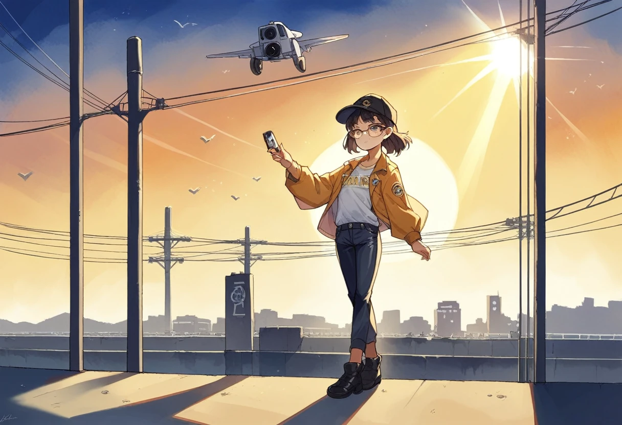 A captivating watercolor painting of a young pretty lady wearing Ray-Ban glasses, a pilot cap, body-fitting white pilot shirt, black pants, and leather shoes. She stands beneath a glass canopy if airport
hall during a mesmerizing late sunset, with the sun's rays filtering through, casting a warm, golden light that accentuates her body figure and the intricate details of her attire. The artwork beautifully captures her professionality and attractive.