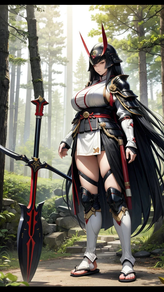 Elderly woman with long black hair and huge breasts,japanese helmet,Japan Armor,slim figure,Bare Legs,White socks,slippers,Standing,Spear and halberd,forest