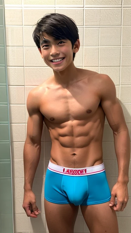 Japanese men、、Muscles and smooth skin、Very short black hair、A relaxed and friendly smile、colorful boxer briefs、The whole body is well visible、Fist pump in the bathroom、
