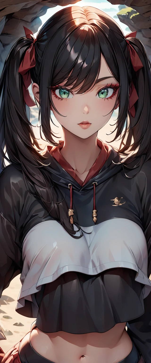 Photo of a woman with natural skin, ((Baby Face)), Small face, A woman wearing mainly black and red, Upper Body, Seaside cave, The light is shining in, High Twintails, Black hair with red mesh, Sharp eyes with red eyeshadow, Blue-green eyes, Shining eyes, A thin, upturned nose, Well-shaped lips, ((crop top overhang, Thighs, Glamour body)), Makeup, Exquisitely crafted with the utmost attention to detail, Vibrant, amazing, Smooth, Cinematic, 4K, Backlight, (()), Shallow depth of field, ((Detailed eyes:1.3, Detailed lips:1.3, high quality, )), masterpiece, Super detailed images, High quality