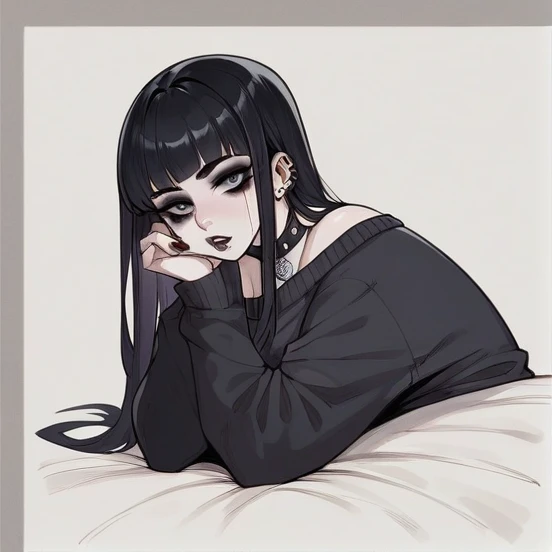 A hot girl with seductive curves exposed. Wearing a black sweater with white stripes. Goth nerd