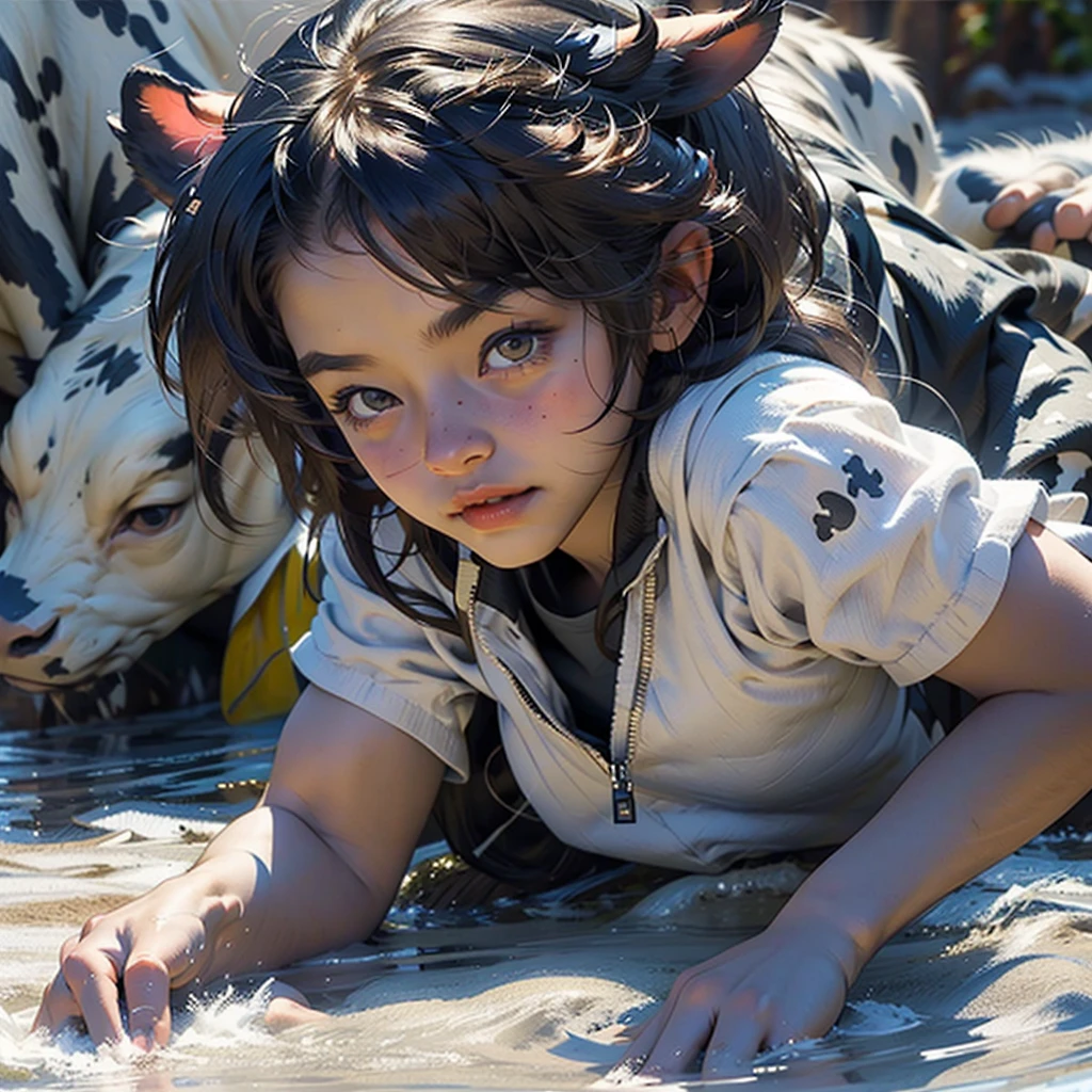 Little boy touches the face of a calf,Little cow smells little boy。
