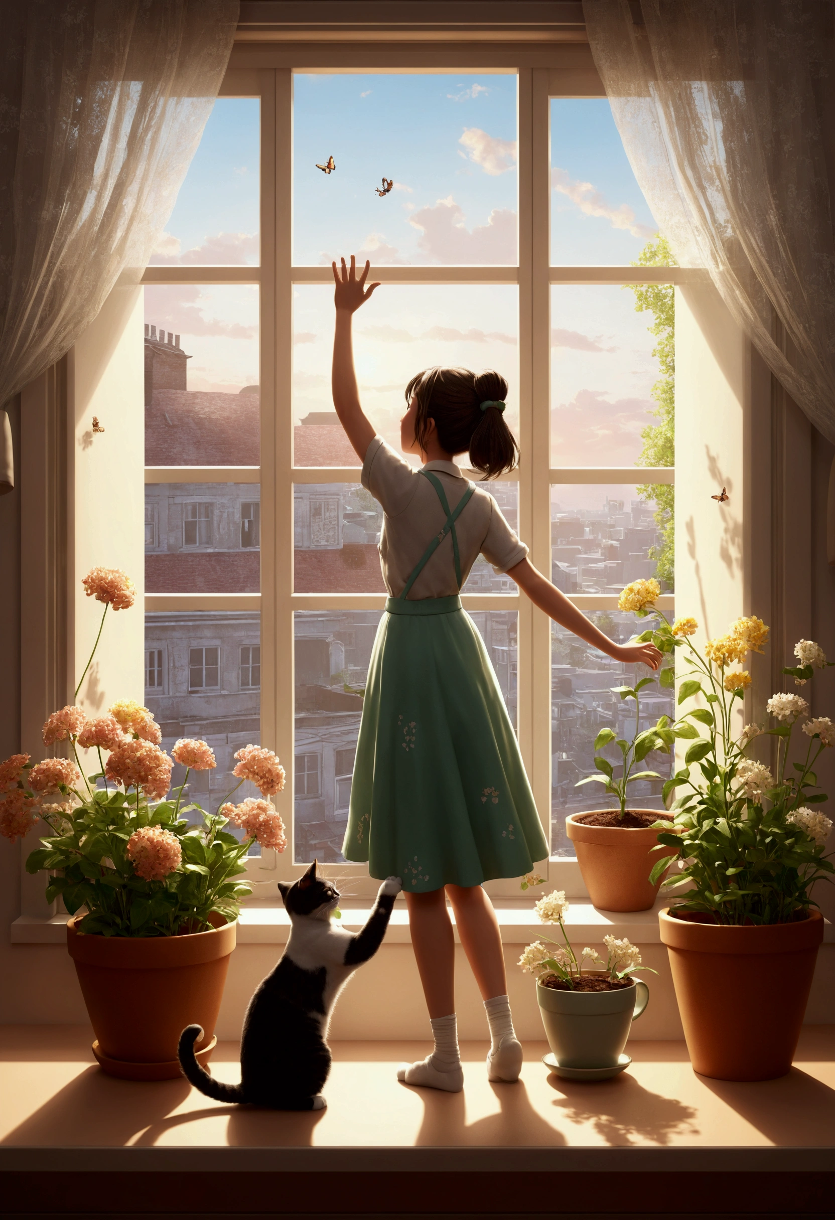 Table Top, Top Quality, Table Top, Top Quality, Official Art, Highly Detailed CG Unity 8K Wallpaper, Subtle Retro Colors, Rice Print Style, Illustration, Cute, One Girl, Flowers, Window, Flowerpot, Coffee Drink,. Lots of illustrations of musical notes on the windowsill.cat,dancing girl,Illustration of musical notes on the windowsill,girl and cat dance