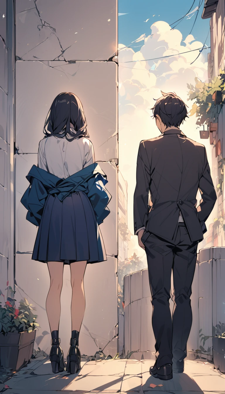 A man and a woman with their backs to a wall in the middle