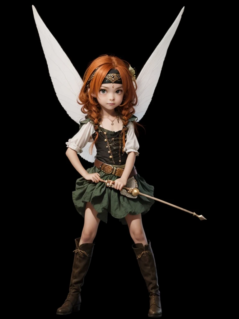 A beautiful fairy, with a band on the forehead, in pirate clothes, white wings, hair orange 