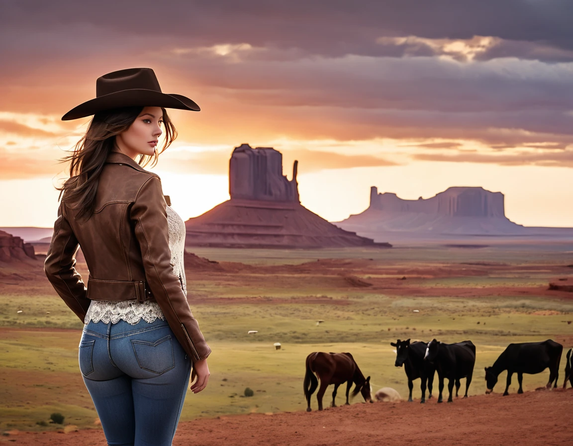digital portrait, realistic depiction of the , RAW photo, one weasten cow girl, gentle gray eyes, plump lips, An ennui look, huge firm bouncing busts, Long brown hair, horse riding, (((Cowboy hat, Worn brown leather jacket, Lace shirt, Jeans short pants, Leather cowboy boots))), highest quality, super resolution, master piece:1.5, medium depth of field, 50ｍｍlens, cinematic lighting, Backlight, professional photographer, , Monument Valley, vast ranch, Sunset, sunset, Herd of cows, Riding a beloved horse